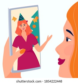 Online celebration of the new year. The guy is talking to the girl on a video call. Long distance relationships. Vector illustration