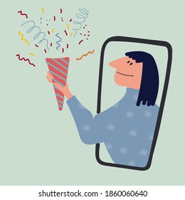 Online celebration, remote Christmas, New Year, birthday party. Woman popping confetti popper through phone screen. Vector illustration in flat style. Social awareness during Covid-19 concept