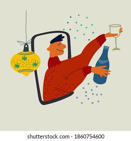 Celebración en línea, remota Navidad, fiesta de Año Nuevo. Joven levantando un vaso a través de la pantalla del teléfono. Ilustración vectorial en estilo plano. Conciencia social durante el concepto de Covid-19