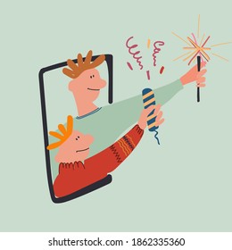 Online celebration, remote Christmas, New Year, birthday party. Two guys popping confetti popper through phone screen. Vector illustration in flat style. Social awareness during Covid-19 concept