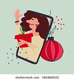 Online celebration, remote party. an giving holiday present through phone screen. Vector illustration in flat style. Self-isolation during Covid-19 pandemic concept. E-commerce, gift delivery concept