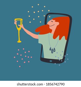 Celebración en línea, fiesta remota. Mujer joven levantando un vaso a través de la pantalla telefónica sobre fondo nocturno. Ilustración vectorial en estilo plano. Conciencia social durante el concepto de Covid-19