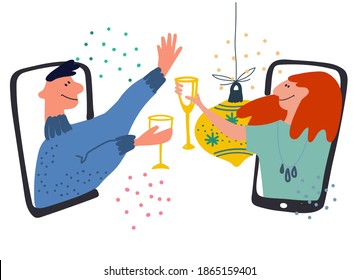 Online celebration, remote party. Young people raising glassees through phone screens. Vector illustration in flat style. Social awareness during Covid-19 concept. Christmas 2020 concept