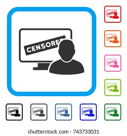 Online Censorship User icon. Flat gray iconic symbol inside a blue rounded squared frame. Black, gray, green, blue, red, orange color additional versions of Online Censorship User vector.