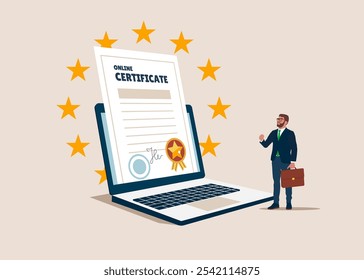 Certificado on-line e papel de prêmio. prêmio e conceito de apreciação, melhor pós-graduação, cum laude. Pode ser usado para elementos, landing pages, UI, caracteres. Ilustração de vetor plano