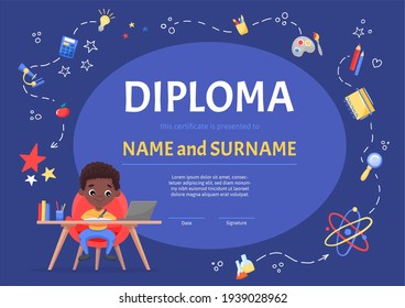 Online certificate children diploma for kindergarten or Elementary Preschool with a cute black boy sitting at the table and making the homework. Vector cartoon flat illustration on blue background