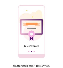 Online certificate, e-certificate, graduation paper mobile app onboarding screen. Menu vector banner template for interface UX, UI GUI screen mobile development. Website design flat illustration. 