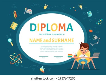 Online certificate kids diploma for kindergarten or Elementary Preschool with a cute boy sitting at the table and making the homework. Vector cartoon flat illustration