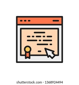 Online certificate, web diploma, e-learning flat color line icon.