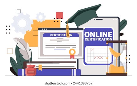 Online certification concept. Distant education and training. Graduation cap near calendar and hourglass. University or college. Cartoon flat vector illustration isolated on white background