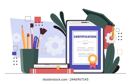 Online certification concept. Distant education and learning, training. Document for graduation. College or university on internet. Cartoon flat vector illustration isolated on white background