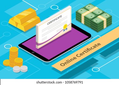 online certification concept isometric 3d with apps tablet and money vector graphic illustration 