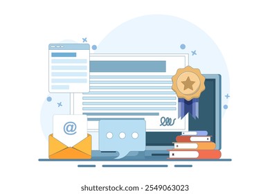 Online certification courses, Online training programs, Awards, Digital skills development, Online certificates, prizes and awards, Education and training courses. Vector illustration on background.