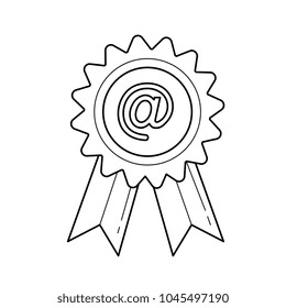 Online certification vector line icon isolated on white background. Award rosette with at sign symbolizing online certificate line icon for infographic, website or app.