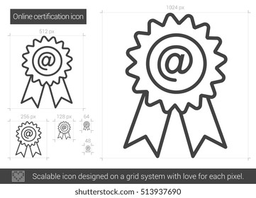 Online certification vector line icon isolated on white background. Online certification line icon for infographic, website or app. Scalable icon designed on a grid system.