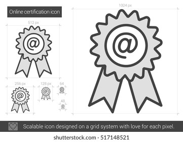 Online certification vector line icon isolated on white background. Online certification line icon for infographic, website or app. Scalable icon designed on a grid system.