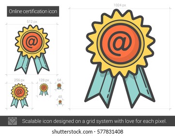Online certification vector line icon isolated on white background. Online certification line icon for infographic, website or app. Scalable icon designed on a grid system.