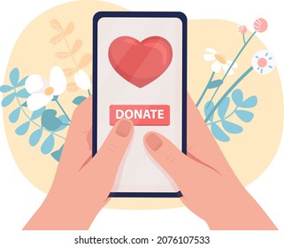 Online Charity 2D Vector Isolated Illustration. Access Volunteering Organization Through Smartphone. Flat First View Hands With Mobile Phone On Cartoon Background. Charity Work Colourful Scene