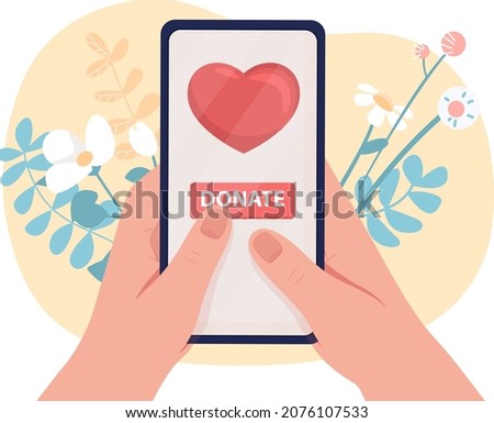 Online charity 2D vector isolated illustration. Access volunteering organization through smartphone. Flat first view hands with mobile phone on cartoon background. Charity work colourful scene