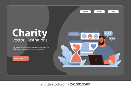 Online charity and charitable foundation night mode or dark mode web banner or landing page. Web service to help people in need. Humanitarian aid, donations support. Flat vector illustration