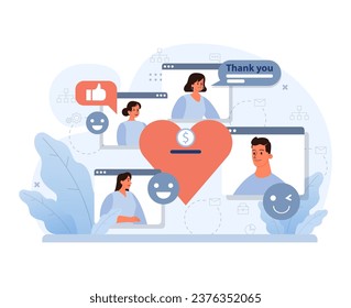 Fundación de caridad y caridad en línea. Servicio web para ayudar a las personas necesitadas. Ayuda humanitaria, donaciones, voluntarios o apoyo de organizaciones no gubernamentales sin fines de lucro. Ilustración vectorial plana