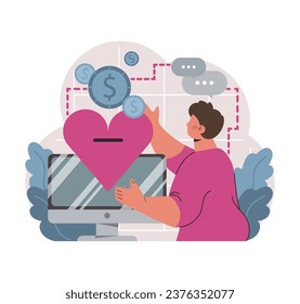 Fundación de caridad y caridad en línea. Servicio web para ayudar a las personas necesitadas. Ayuda humanitaria, donaciones, voluntarios o apoyo de organizaciones no gubernamentales sin fines de lucro. Ilustración vectorial plana