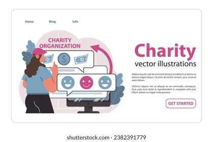 Online charity and charitable foundation web banner or landing page. Web service to help people in need. Humanitarian aid, donations, volunteering support. Flat vector illustration