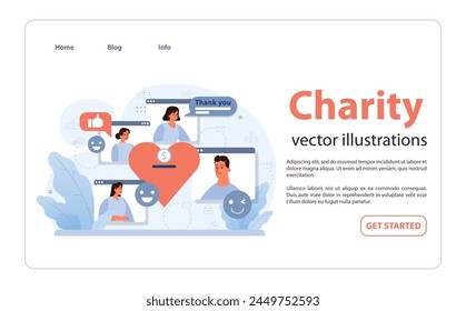 Online charity and charitable foundation web banner or landing page. Web service to help people in need. Humanitarian aid, donations, nonprofit organizations support. Flat vector illustration