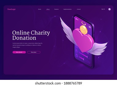 Online Charity Donation Banner. Mobile App For Financial Donate, Fundraiser, Volunteer Help. Vector Landing Page Of Digital Service For Charity With Isometric Heart And Money On Smartphone Screen