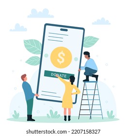 Online charity, donation mobile app with donate button vector illustration. Cartoon tiny volunteers donate money, fast fundraising for humanitarian aid and help, application of nonprofit fund