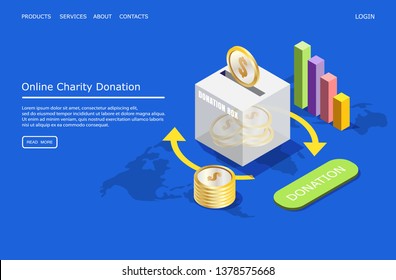 Online charity donation vector website template, web page and landing page design for website and mobile site development. Online services for charity concept with isometric donation box, dollar coins