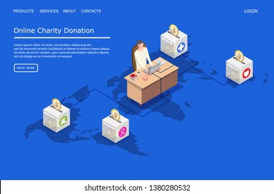 Online charity donation vector website template, web page and landing page design for website and mobile site development. Volunteer raising money. Online services for global charity projects concept.