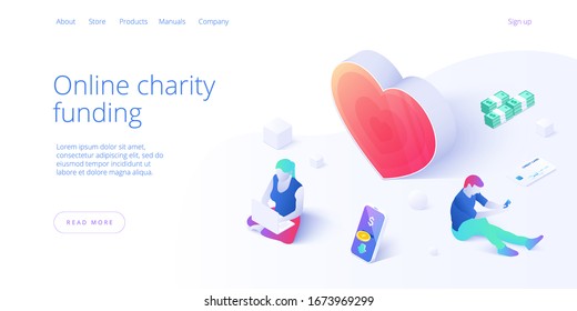 Online charity funding or care in isometric vector concept. Man and woman volunteer community or donation metaphor illustration. Web banner layout for people help or support.