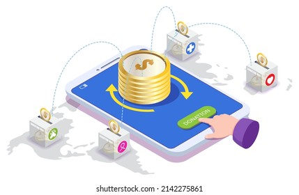 Online charity and money donation vector illustration. Mobile phone app for financial investment in health and medicine, cancer treatment, help animal. Smartphone with donating hand design