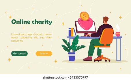 Online charity poster. Man at chair sitting near computer monitor. Young guy with kindness and generosity. Charitable foundation. Landing webpage design. Cartoon flat vector illustration