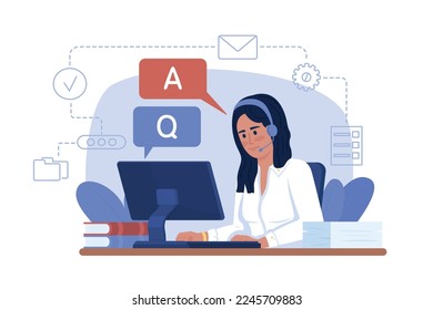 Online chat 2D vector isolated illustration. Worker answering on questions flat character on cartoon background. Colorful editable scene for mobile, website, presentation. Sniglet Regular font used