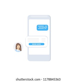 Online chat in app, smartphone screen with airline booking 