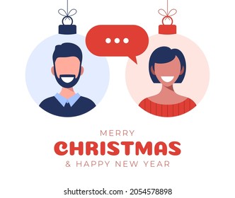 Online chat between a guy and a girl. Man and woman icons in flat style on bauble ball. Chat messaging communication. Flat design, vector illustration
