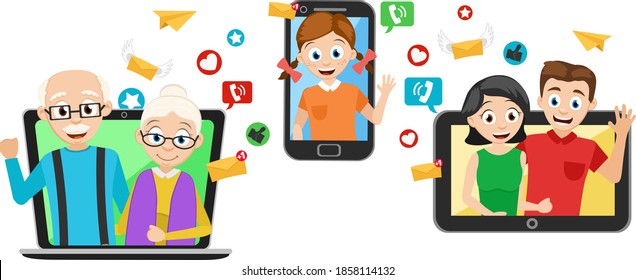 Online chat between people sending letters and calls from phone and computer