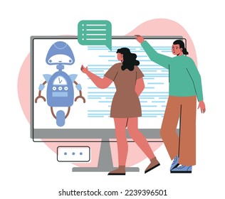 Online chat bot concept. Artificial intelligence or digital assistant gives advice to user and answers questions. Robot on computer screen solves customer problems. Cartoon flat vector illustration