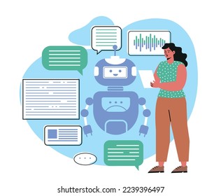 Concepto de bot de chat en línea. Una joven lleva una tableta y hace preguntas a la inteligencia artificial en las redes sociales. Robot o asistente digital da consejos al usuario. Dibujo vectorial plano de dibujos animados