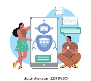 Online-Chat-Bot-Konzept. Junge Männer und Frauen stehen neben Smartphone und stellen Fragen an künstliche Intelligenz im Unterstützungsdienst. Roboter oder Digital Assistant. Cartoon-Flavektor-Vektorgrafik
