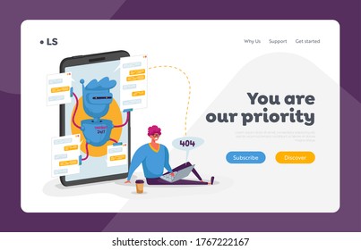 Online Chat Bot Consultation Landing Page Template. Client Character with 404 Error on Laptop Chatting with Ai Robot Chatbot. Faq Customer Support, Answer and Innovation. Cartoon Vector Illustration