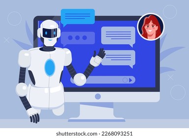 Online chat bot. Robot assistant helps users to solve problems. Artificial intelligence answers customer questions and chats in app or messenger. Digital technologies. Cartoon flat vector illustration