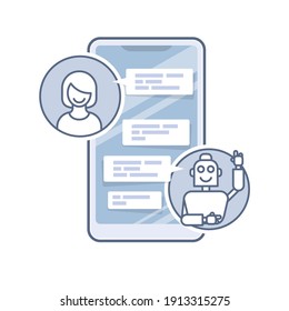 Online-Chat mit Bot-Helfer - Chat mit Roboter, Versenden von Nachrichten durch einen virtuellen Assistenten auf Smartphone