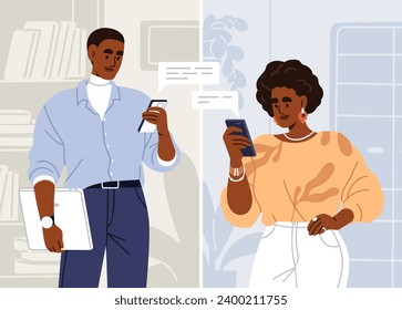 Online chat, communication between business people. Man and woman with mobile phones, texting and reading work messages. Colleagues, employees couple with smartphones. Flat vector illustration