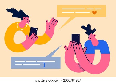 Online chat and communication concept. Two young people boy and girl cartoon characters holding smartphones in hands communicating with each other having chat vector illustration 
