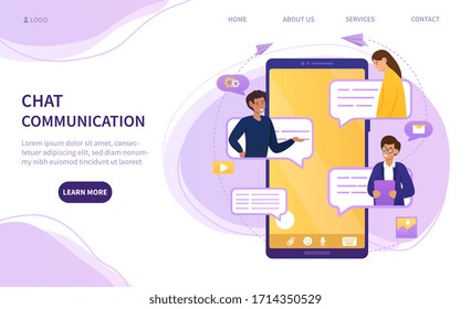 Online chat communication on a mobile phone showing an app with four people having a conversation with speech or text bubbles, vector illustration with copy space