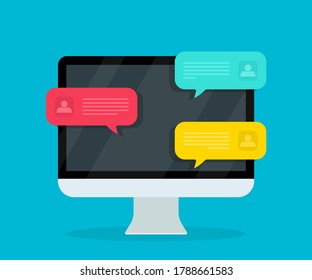 Online chat in computer. Notification with text for sms app. Conversation with help speech bubbles in laptop. Push chatbot concept. Responsive technology for messenger, talk. Social interface. Vector.