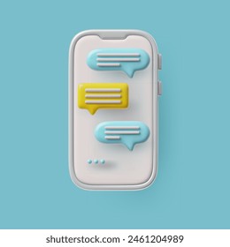 Online chat concept with 3D smartphone and various speech bubbles. Vector graphic showing a detailed mobile device for virtual communication. Isolated background.